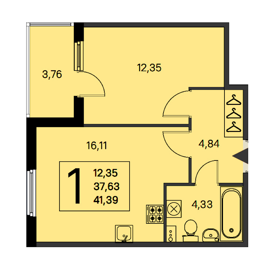 1-комнатная квартира 37.63 м², 1/4 эт., ЖК «Любоград в Стрельне»